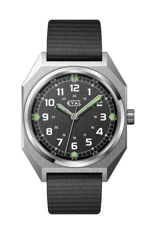 Éyal field watch with rectangular case and black dial